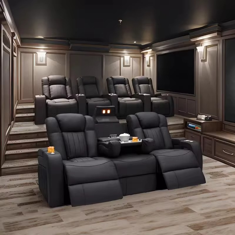 Home Cinema Chairs - طقم أريكة جلدية قابلة للإمالة كهربائياً